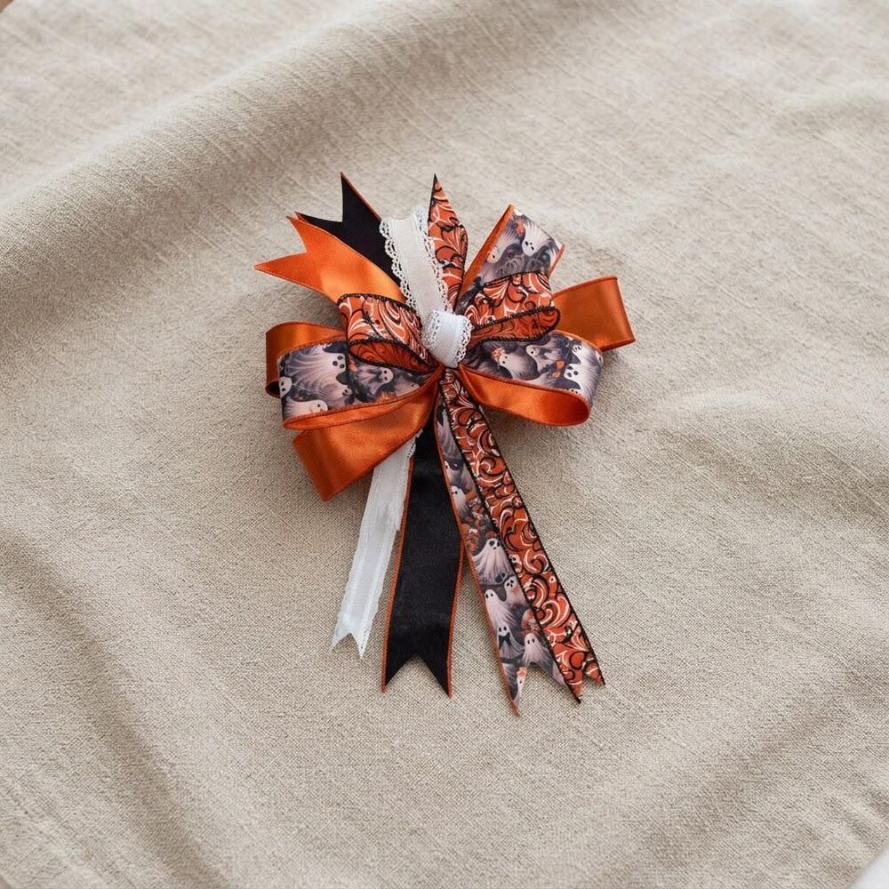 Halloween Ghost Wreath Bow | Ornate Satin Ribbon with Lace Trim